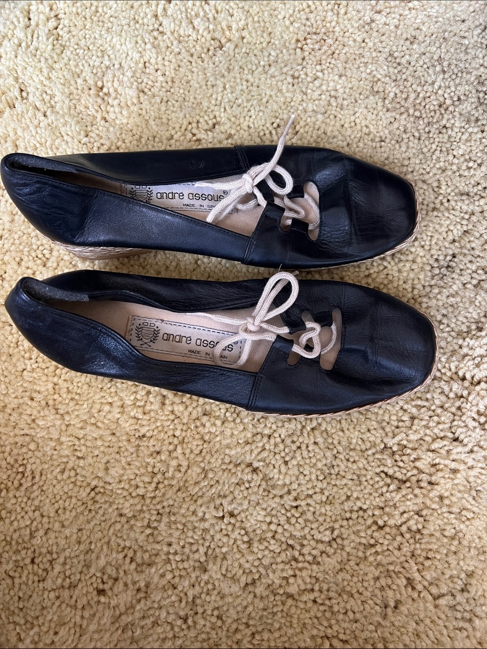 Andre Assous Black Leather Espadrilles with Cream Laces